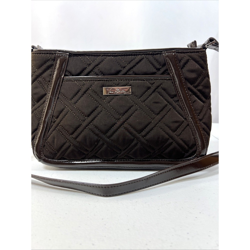 Vera Bradley Brown Trimmed Trapeze Quilted Fabric Faux Leather Crossbody Bag